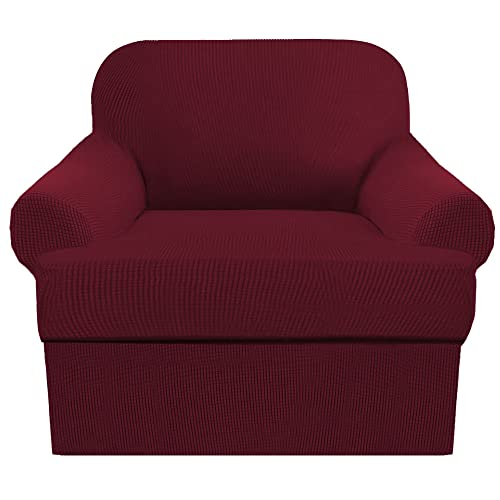 GAMUKAI 2-Piece T-Cushion Chair Slipcover Set – Stretch Sofa Cover for T-Cushion Armchairs & Chairs (Fits Width Up to 47") – Washable Furniture Protector with T-Shaped Seat Cover (Burgundy, Chair)