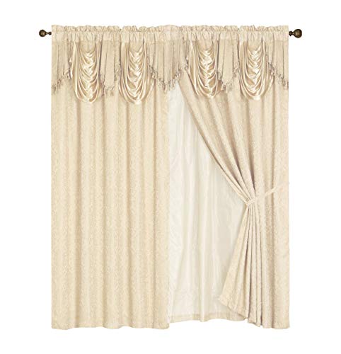Luxury Embroidered Curtain Set. 2 Piece Cream Beige Drapes with Backing & Valance & Tie Backs
