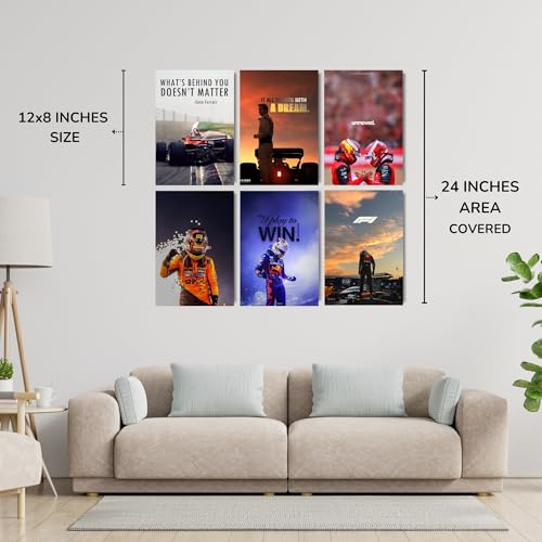 Image of Posters Inc Sports F1 Cars Motivational Posters for Wall A4 Size Aesthetic Setup 300 GSM Matte Paper Pack of 6 Automotive Motorsport Decor for Boys Gaming Room, Bedroom, Home & Office with Adhesive