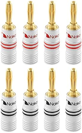 Nakamichi Pozłacany wtyk bananowy 24k 12 AWG - 18 AWG Rozmiar miernika 4 mm do elastycznego podłączania kabli do kolumn hi-fi, wzmacniaczy, amplitunerów AV, systemów audio i stereo (8 sztuki, wtyczka bananowa)