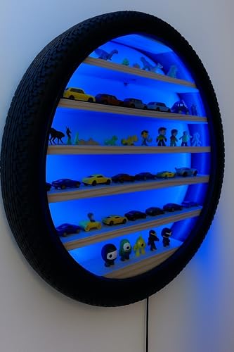 Image of Apnatva 24 Inch Wooden Wall Hanging Lighting Tyre - Perfect for Home Decor, Hot Wheels Display, Kids' Toys Stand & Birthday Gift (Without Toys) (Blue)