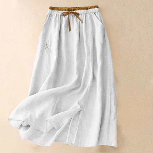 Linen Maxi Skirts for Women Embroidery Midi Length Long Skirt Fall Summer Casual Beach Holiday Skirt with Pockets2