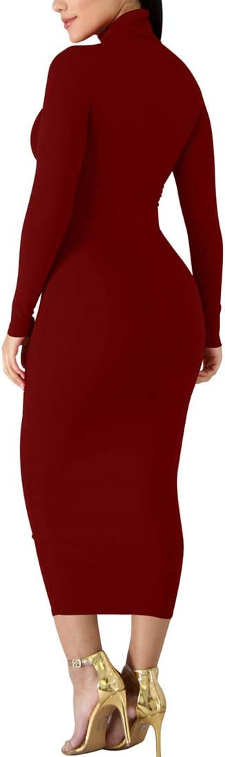 BORIFLORS Women's Sexy Basic Long Sleeve Turtleneck Bodycon Party Long Pencil Dress - Image 3