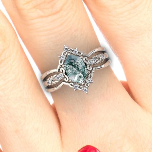 Natural Moss Agate Engagement Ring Set 925 Sterling Silver Rings for Her with Free Engraving Jewelry Gift for Women Moss Agate Vintage Ring Set-84