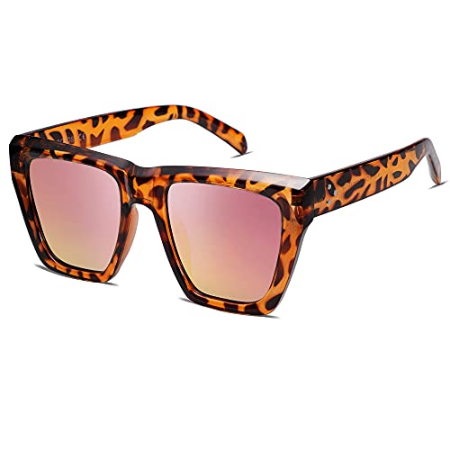 Sojos Vintage Oversized Square Cat Eye Polarized Sunglasses For Women Trendy Fashion Cateye Style Sunglasses Sj2179 With Leopard Print Frame/Rose Mirrored Lens #TOP25