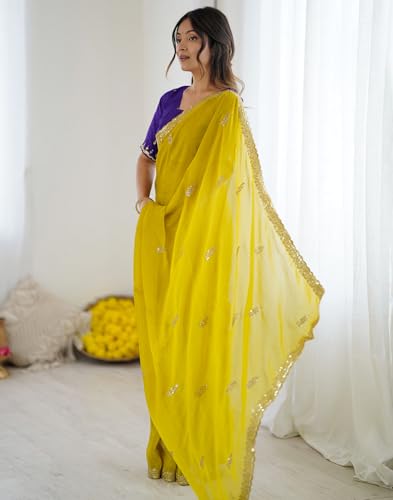 Image of SIRIL Women's Tissue Silk Scalloped Border Embroidery Saree with Unstitched Blouse Piece