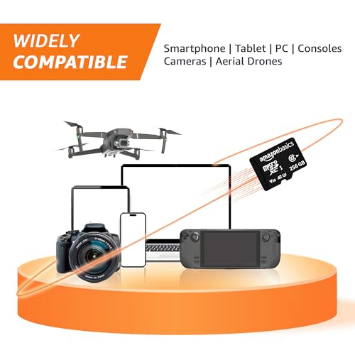 Image of Amazon Basics 256 GB Micro SDXC Memory Card | 180 MB /s Read | Memory Card for 4K Video on Smartphones, Action Cams and Drones