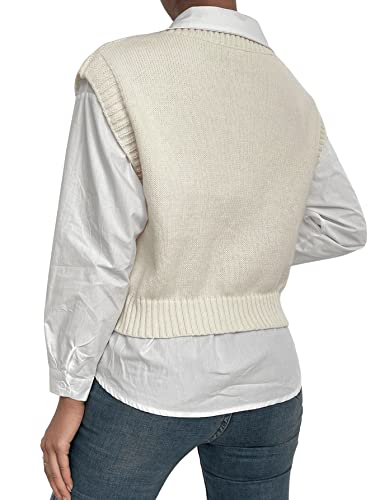 Sweatyrocks Women's Casual V Neck Pullover Sweater Vest Sleeveless Cable Knit Tank Top Beige L #TOP1