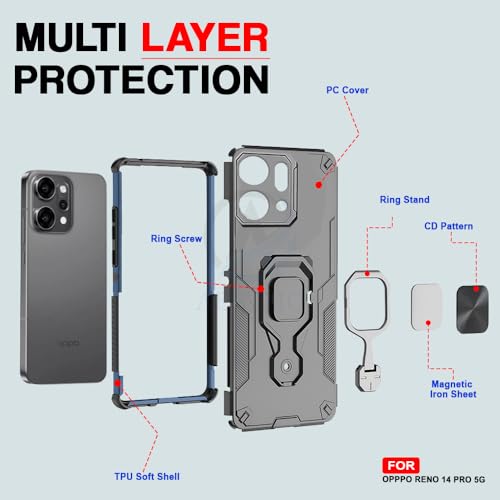 Image of AESTMO Armor Back Cover for Oppo Reno 14 Pro 5G | Ring Holder & Kickstand & Camera Protection in-Built | 360 Degree Protection Back Case Cover (Black)