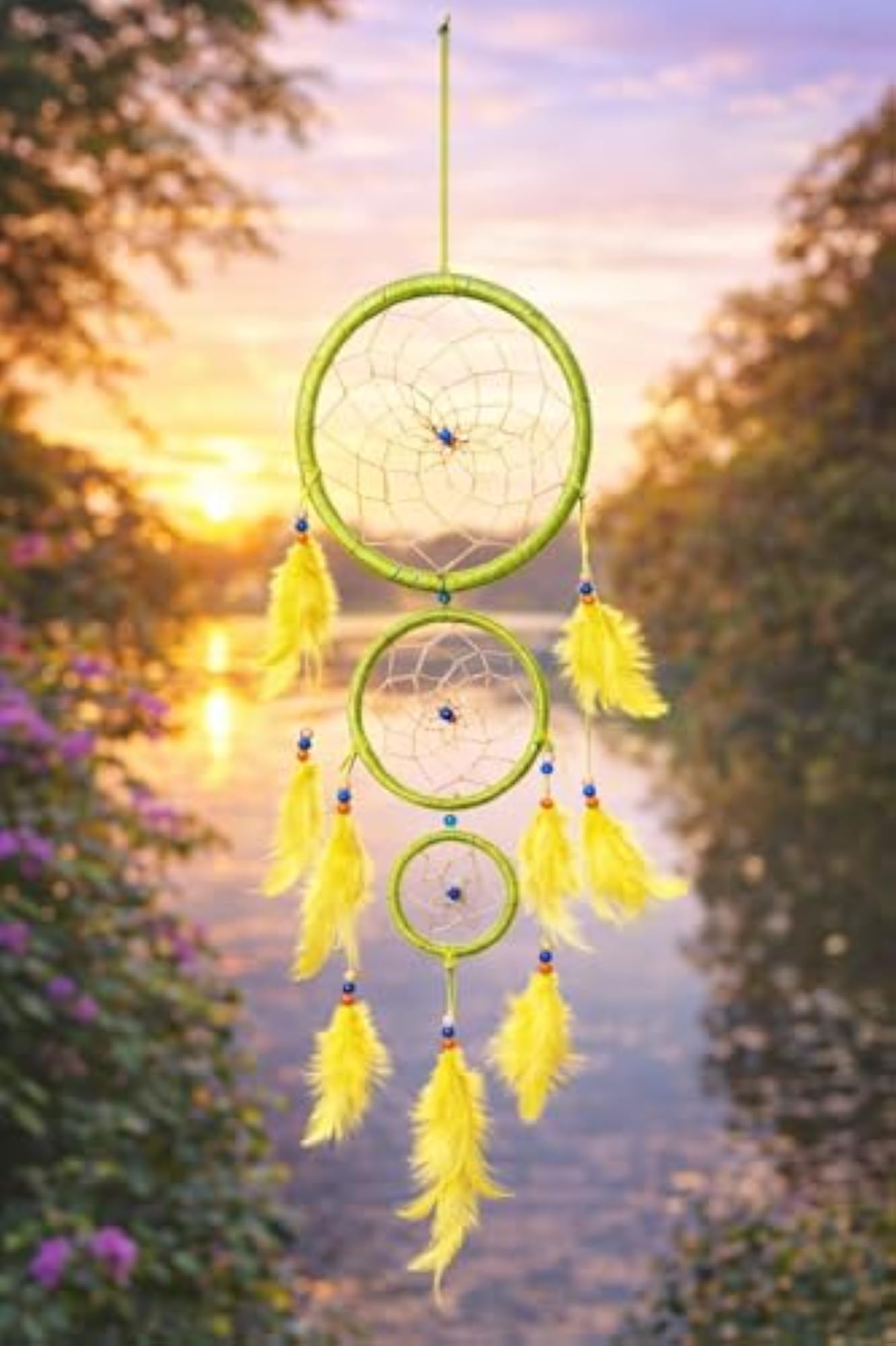 Handmade Rainbow Dream Catcher Wall Hanging with Blue Feathers