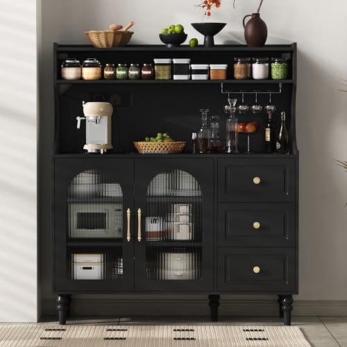 Raeln aparador de Cocina 120cm Negro alacena Soporte Copas Tres cajones despensa Muebles auxiliares Base almacenaje Estructura Vitrina Segura Comedor Salon pasillos Vertical