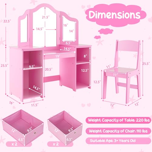 Image of Costzon Kids Vanity, 2 in 1 Princess Makeup Desk & Chair Set with Tri-Folding Mirror, 4 Storage Bins, Wooden Toddler Vanity Dressing Table, Vanity Set for Little Girls (Pink)