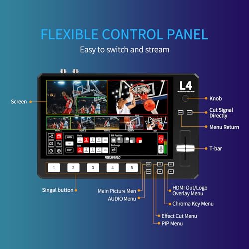 Image of FEELWORLD Multi Video Switcher 10.1 Inch FHD LCD Touch Screen 4X HDMI 1x SDI Input USB3.0 Output 5 Channel Live Streaming Mixer L4