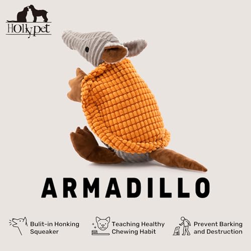 Image of Hollypet Plush Dog Squeaky Toy Stuffed Armadillo Animal Pet Puppy Chew Toys with Clean Teeth for Small Medium Large All Breed Sizes Dogs, Orange, 14 in