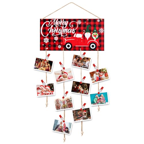 Christmas Card Holder Wooden Merry Christmas Wall Hanging Picture Holders with 30 Snowflake Wooden Photo Clips Picture Holder for Wall Xmas Greeting Card Display for Christmas Home Party Wall Decor