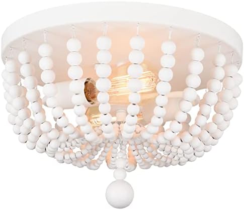 ALICE HOUSE 14.1" Flush Mount Light, White Wood Bead Chandelier, 2 Light Ceiling Light for Bedroom, Hallway, Foyer, ETL Listed, AL9031-S2