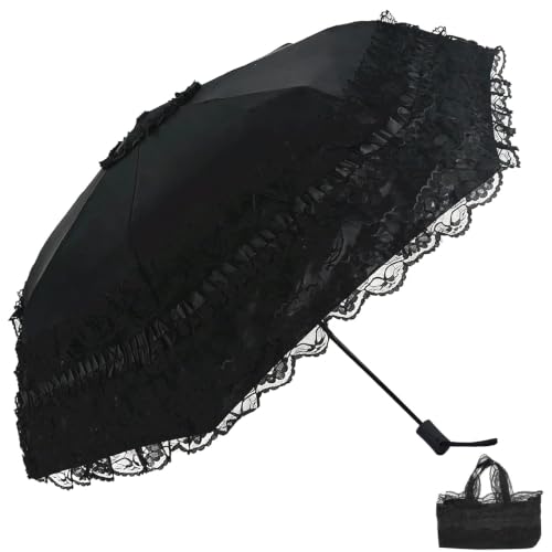 URAWESO Black Lace Parasol Goth Lolita UV Blocker Gothic Umbrella for Witch Cosplay Victorian Wedding Travel Halloween Decor (Flower Printed Lining)