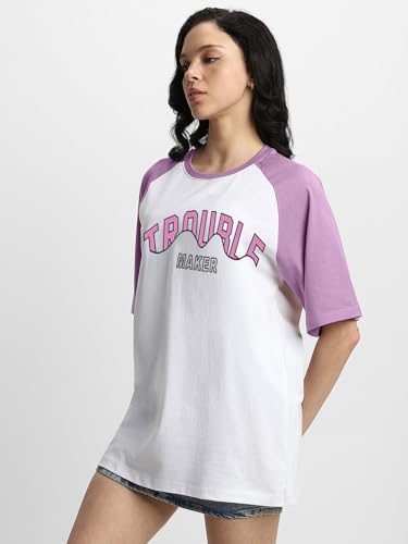 Image of JUNEBERRY 100% Pure Cotton Oversized Fit Drop Shoulder Graphic Printed Raglan Sleeves Boyfriend T-Shirt for Women (Sizes: S to 2XL)