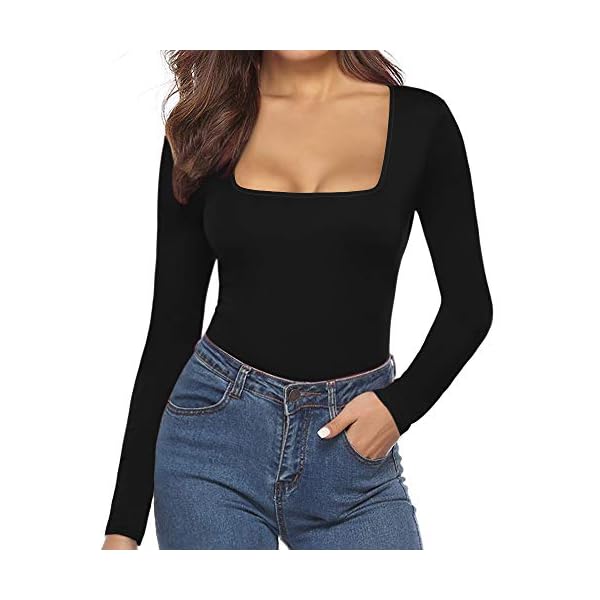 MANGOPOP-Womens-Square-Neck-Short-Sleeve-Long-Sleeve-Tops-Bodysuit-Jumpsuit MANGOPOP Bodysuits for Women Long Sleeve Square Neck Tops