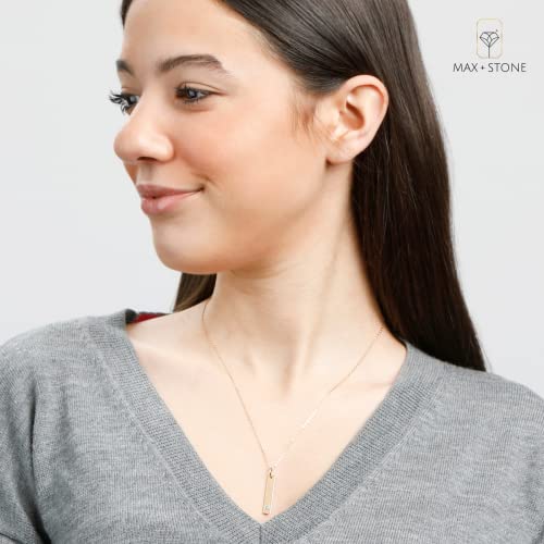 Max + Stone 14K Yellow Gold Bar Pendant Necklace For Women With 3Mm Small Blue Aquamarine On 16 Inches To 18 Inches Adjustable Cable Chain With Spring Ring Clasp March Birthstone #TOP1