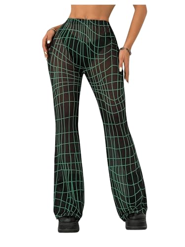 Milumia Women's Geometric Plaid Bell Bottoms Y2K Sheer Flare Leg Mesh Pants