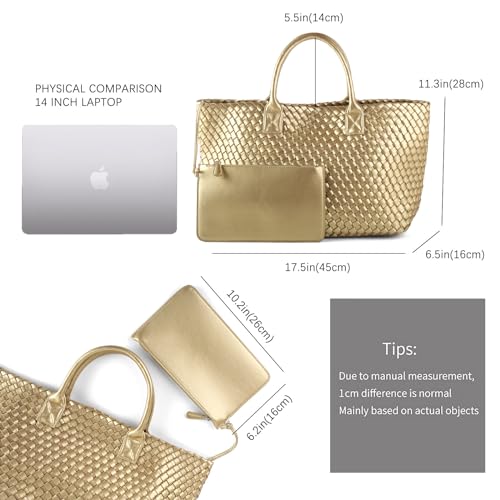Image of Woven Vegan Leather Tote Bag for Women Retro Handwoven Shoulder Travel Handbag Large Capacity Hobo Bags with Purse (Gold)