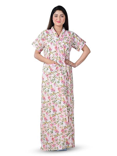 being beauty Women’s Cotton Nighty | Floral Leaf Print Front Open Nightdress | Soft & Breathable Adjustable Fit Sleepwear & Loungewear-picture-24