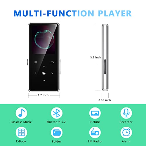 Image of 64GB MP3 Player with Bluetooth 5.2, AiMoonsa Music Player with Built-in HD Speaker, FM Radio, Voice Recorder, HiFi Sound, E-Book Function, Earphones Included