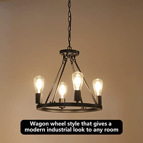4-Light Plug In Chandelier,Wagon Wheel Style,Black Round Metal Chandelier,Hanging Light With 16.5Ft Cord,On/Off Switch,Modern Industrial Look Outdoor Light Fixture For Gazebo,Bedroom,Dining Room #TOP4