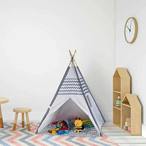 Relaxdays tipi speeltent kind, met vloer, tent kinderkamer, wigwam kindertent, HxBxD: 150 x 120 x 120 cm, wit-grijs - Afbeelding 3