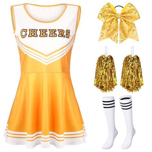 SATINIOR 4 Pcs Cheerleader Costumes for Women Adults Cheer Uniform Outfit for 2026 Halloween(Small,Gold)