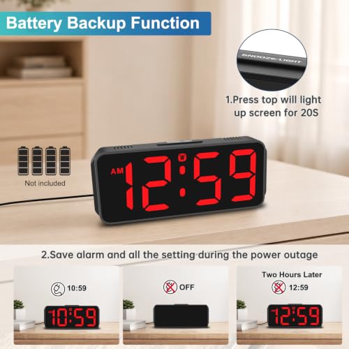 Image of Peakeep Small Digital Alarm Clock for Bedroom, Large Number, Battery Backup | Plug-in Tiny Electric Clock Brightness Dimmable for Bedsise Desk Table Small Spaces, 5 Volume, Easy to Set, Adapter Included