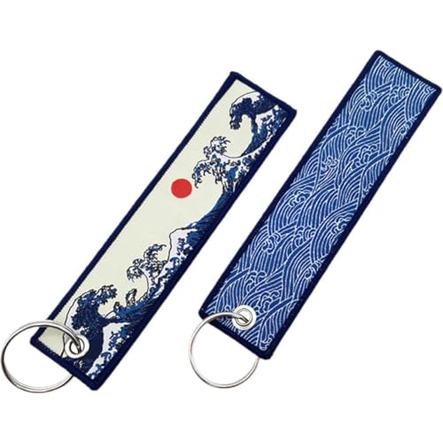 Ymxygz Porte-clés Personnalisé avec Broderie de Vague Japonaise en Tissu pour Voiture, Moto et Vélo