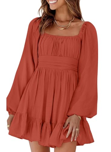 Dokotoo Womens Dress Square Neck Tie Back Off The Shoulder Dress Lantern Long Sleeve Summer Clothes Ruffle A-Line Flowy Dresses Elastic Waist Casual Dresses for Beach Vacation Large Orange