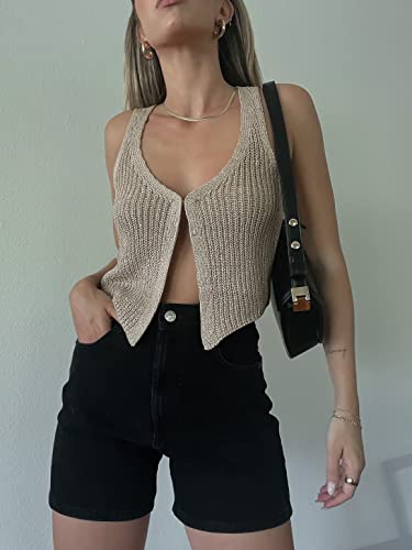 Image of Crochet Knitted Vest for Women Vintage Y2K Hollow Out Button Down Cardigan Retro Crochet Knit Tank Vest