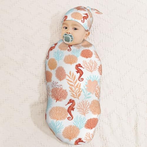 Image of Tropical Pattern Corals Sea Horse Newborn Swaddle Blankets Hat Sets Soft Baby Receiving Blanket Swaddle Sack for Baby Shower Infant Boy Girl Gift