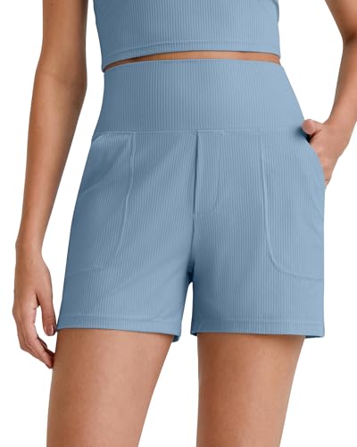 G4Free Athletic Shorts for Women High Waisted Ribbed with Side Pockets Elastic Waist for Casual Summer (Dusty Blue,M)