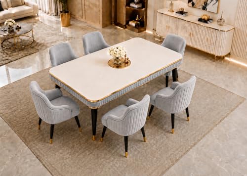 Image of WOODEN SPACE 6-Seater Wooden Dining Table Set | Nano Composite Marble Top | Solid Wood Base | Modern Dining Room Furniture with 6 Chairs (Light Grey Modern Zyro)