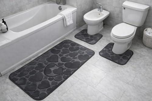 GX GARGIX Set Completo Tappetini da Bagno, 3 Pezzi, Antiscivolo e Assorbente per Bagno, WC, Bidet e Doccia Vari Colori (PCS-9, Set 3 Pezzi, Cuori)