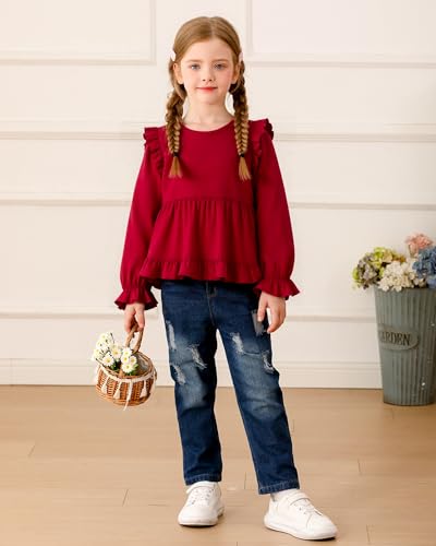 NZRVAWS 12-18 Months Toddler Baby Girl Clothes Infant Long Sleeve Red Ruffle Clothing Fall Winter Top and Ripped Jeans Pant Set Toddler Outfits for Girls - Thumbnail 2