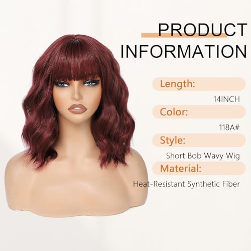 Image of Wine Red Short Wavy Wigs with Bangs Burgundy Wig Shoulder Length 14Inch Synthetic Hair for Women Girl Colorful Cosplay Wig Synthetic Heat Resistant Fiber Hair for Daily Party Halloween(118A#WineRed)