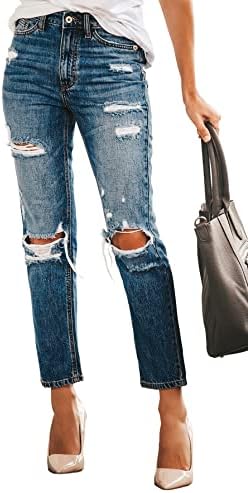MINGALONDON Women's Ripped Jeans Cute Distressed Jeans Stretch Boyfriend Jeans with Hole Black S