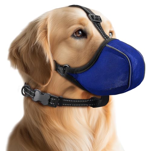 Image of Dog Muzzle - Soft Breathable Mesh Nylon Adjustable Muzzle for Small Medium Large Dogs | Prevents Chewing,Biting & Scavenging | Allows Panting, Drinking & Grooming | Secure Collar Strap Design(Blue M)