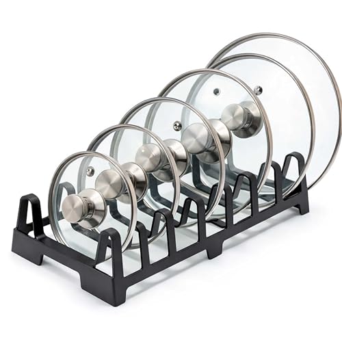 DIVCHI Pot Lid Holder Kitchen Organiser 7 Slot Pan Lid Rack Lids Plates & Chopping Boards Compact Cupboard Storage Organiser (Black)
