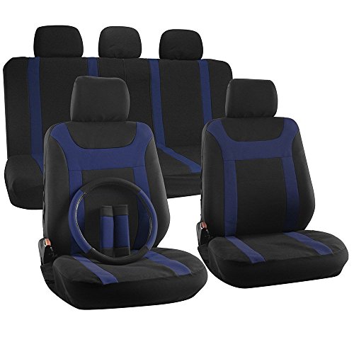 OxGord Y Stripe Seat Cover Set - Polyester Fabric (Blue/Black)