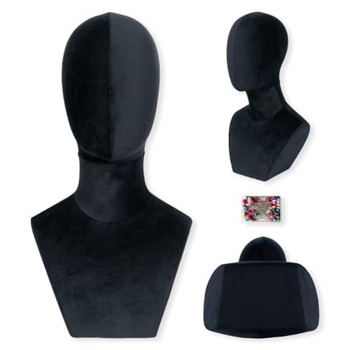 Nyxaphoralyn Mannequin Head with Shoulders Display Model for Wigs Hats Jewelry Sunglasses Soft Velvet Stand Bust for Store & Home Display (Elegant Black)