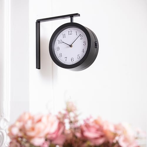 K&L Wall Art Horloge de Gare Noire et Blanche Horloge Murale Vintage sans Bruits de Tic-Tac Horloge en Métal Double Face Horloge à Quartz (Look Steampunk, 28...