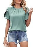 ZAFUL Womens Satin Dressy Casual Tops Elegant Tulip Short Sleeve Work Shirts Summer Crewneck Silk Blouse, Green, M