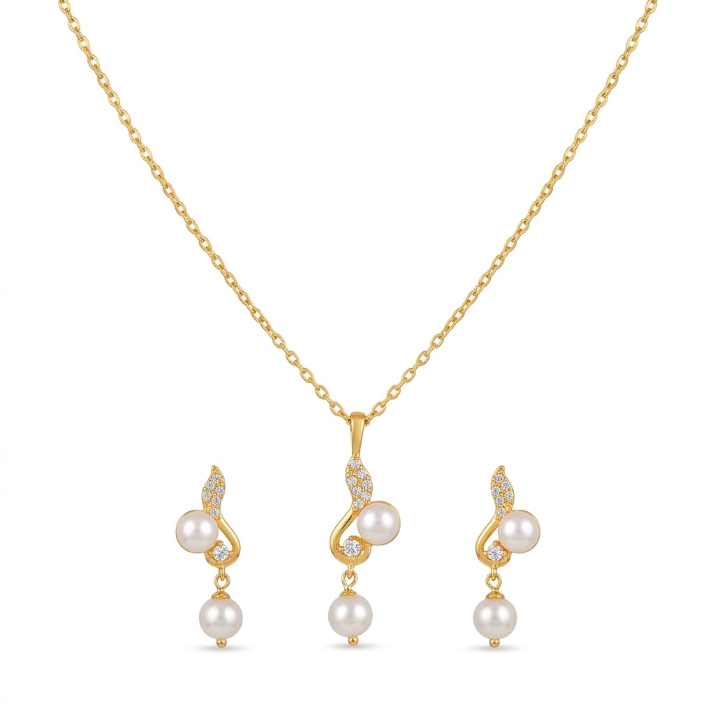 Chandrani Pearls White Pearl Jewelry Set for Women | Gold Plated Pendant (27cm) Chain & Earrings | 2mm Pearl CZ Style | Everyday Elegant Wear (D0009A)