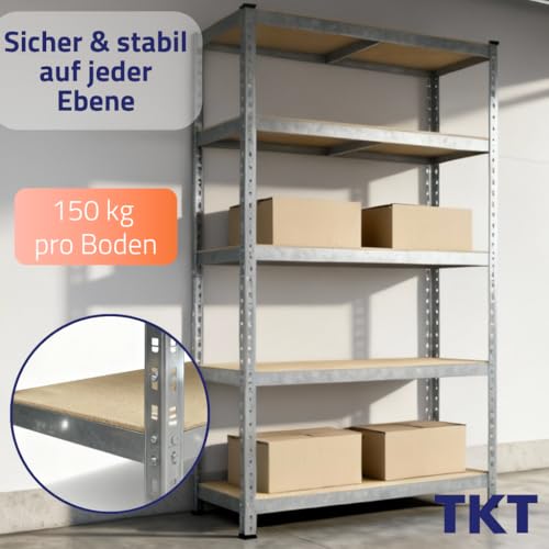 TKT – Work System Steckregal mit Holzböden 180x120x40cm - Verzinktes Regal mit 150kg Tragkraft pro Boden. Schwerlastregal mit 5 Böden für Werkstatt, Wohn- & Kellerraum